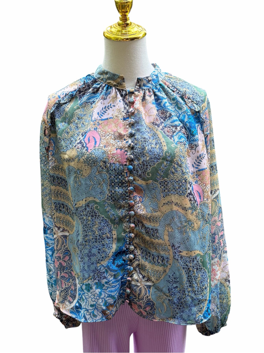 Misa Los Angeles Blue Paisley-Print Button Front Blouse Size Xs Nwt